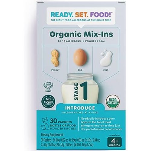 Stage 1 Mix-ins – Safe & Easy Early Allergen Introduction for Babies 4+ Months, Mix with Breastmilk, Formula & Baby Food, With 3 Top Allergens: Organic Peanuts, Milk & Eggs By Ready Set Food!(30 Days)