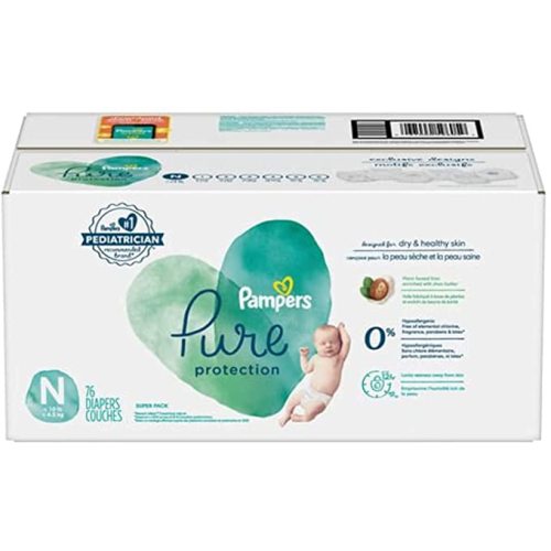 Diapers Size 0/Newborn, 76 Count - Pampers Pure Protection Disposable Baby Diapers, Hypoallergenic and Unscented Protection, Super Pack (Packaging & Prints May Vary) - 76 Count (Pack of 1)