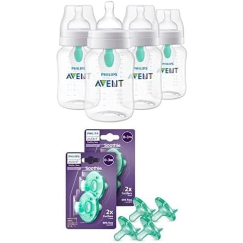 Bundle of Philips Avent Anti-Colic Baby Bottle with AirFree Vent, 9oz, 4pk, Clear, SCY703/04 + Philips Avent Soothie 0-3 Months Orthodontic Baby Pacifiers, BPA-Free, Green, 4 Pack, Model SCF190/41
