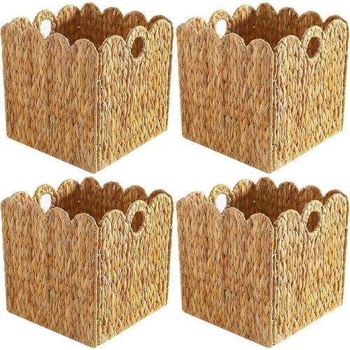 Scalloped Wicker Storage Cubes Basket, Heavy Duty Paper rope/Hyacinth/Seagrass Baskets for Shelves, Foldable Natural Boho Square Bins (Water Hyacinth, 10.5 x 10.5 x 10.5in, 4-Pack)