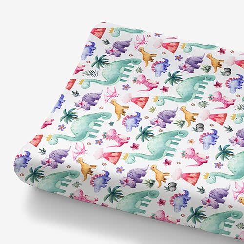 HawSkgFub Girls Dinosaur Changing Pad Cover for Baby Pink Purple, Dino Animal Tropical Diaper Change Table Covers, Ultra Soft Stretchy Breathable Safe Snug Fitted Changing Mat Sheets Fit 32"/34" x 16"