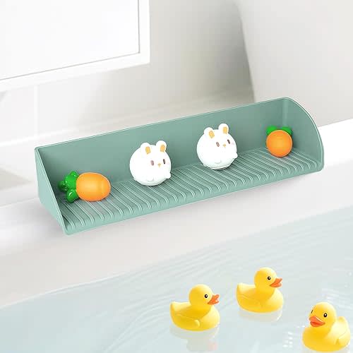 Splash Guard for Bathtub, Silicone Bathtub Splash Guard for Tub Kids, Bathtub Tray with 4 Suction Cups, 15.75 Inch Bath Tub Shelf and Organizer, Suction Cups Attach to Bath Tub (1, Aqua)