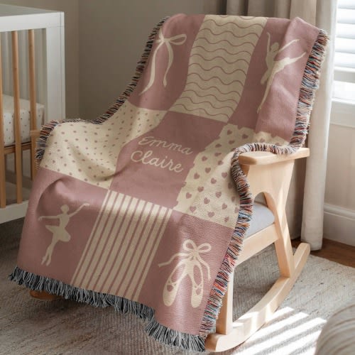 Personalized Baby Girl Woven Blanket, Pink Ballet Nursery Decor, Custom Baby Name Tapestry, Baby Shower Gift, Heirloom Cotton Throw Blanket