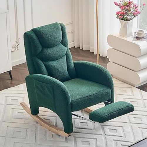 FOXHUNTER Rocking Chair Nursery, Modern Glider Chair with Adjustable Footrest and Solid Wood Legs, High Backrest Nursery Chair with Side Pocket, Rocker Armchair for Living Room Bedroom, Teddy Green