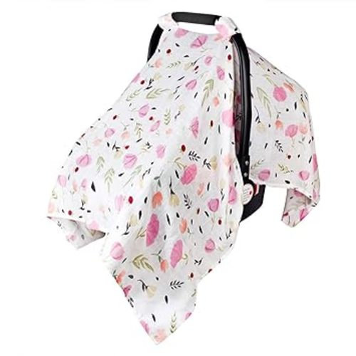Muslin Baby Car Seat Canopy, Metplus Infant Carseat Cover - Extra Wide Universal Fit, Lightweight Breathable Soft for Babies Girls Shower Gift (Purple Flower) - Purple flower