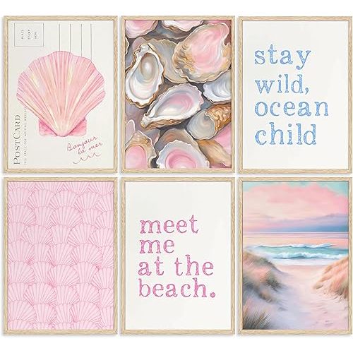Pink Beach Preppy Wall art Coastal Granddaughter Aesthetic Room Painting Picture Wall Decor Shells Oyster Poster Print Artwork for Girls Room Girls Dorm Home Decoration
