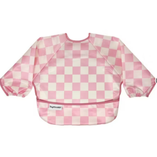 Tiny Twinkle Mess-Proof/Waterproof Long-Sleeve Baby Bib, Machine Washable Smock for Eating (Checkers Pink check or Sage check, Small 6-24 Months)