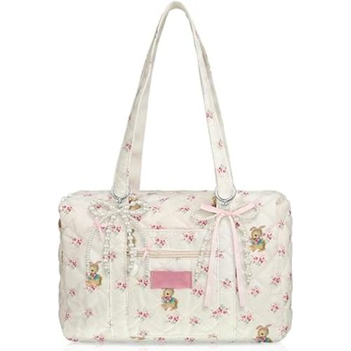 Coquette Bag White Pink Floral Bag Cute Quilted Duffle Bag for Women Shoulder Purse with 2 Pcs Bow Pearl Keychain for Christmas Gifts Business Travel Family Trip