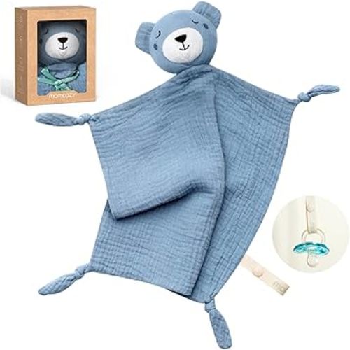 Momcozy Bear Loveys for Babies with Cotton - Soft Security Blanket for Boy or Girl for Self-Soothing On-The-Go-Portable & Anti-Drop Design - Newborn Gift，Must Have（Blue 14 inch）