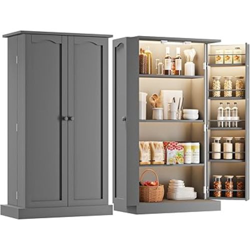 50" LED Kitchen Pantry Cabinet with 3 Adjustable Shelves and 2 Doors Wood Pantry Storage Cabinet with Handle for Kitchen Living Room and Dinning Room Grey