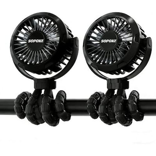 SOPOKE 3 Speed Mini Rechargeable Baby Stroller Fan, 2PCS Black
