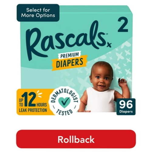 Rascals Premium Absorbent Baby Diapers Size 2, 96 Count (Select for More Options)