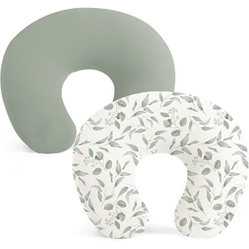 Konssy 2 Pack Nursing Pillow Covers, Stretchy and Soft Nursing Cover for Breastfeeding Pillows, Pillow Slipcover for Baby Girls Boys Newborn (Green, Green Leaves)