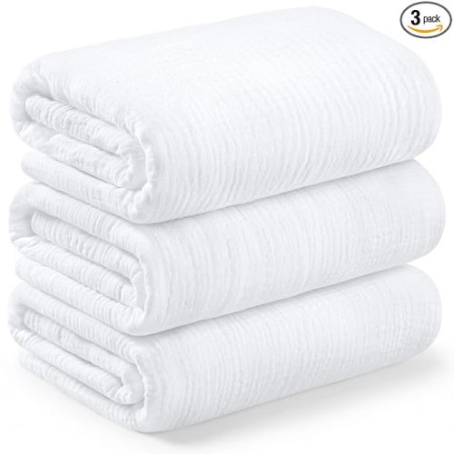 3pk Muslin Swaddle Blankets for Newborns Boys, Girls (Soft White, 47x47)