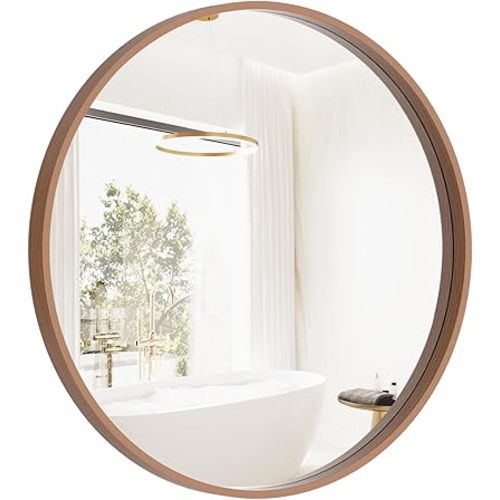 HOMECOOKIN Round Wood Mirror, 24" Round Bathroom Wall Mirror Circle Mirrors for Wall Decor, Vanity, Living Room, Bedroom, Entryway, Walnut