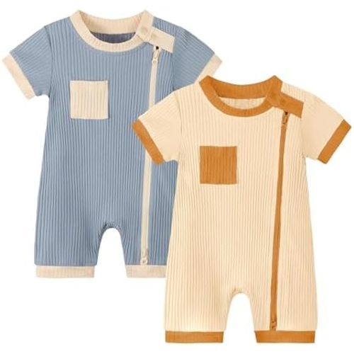 Volunboy Newborn Summer Clothes Unisex Baby Boy Girl 2 Pack Rompers Short Sleeve Two Way Zipper One-piece Jumpsuits Bodysuits