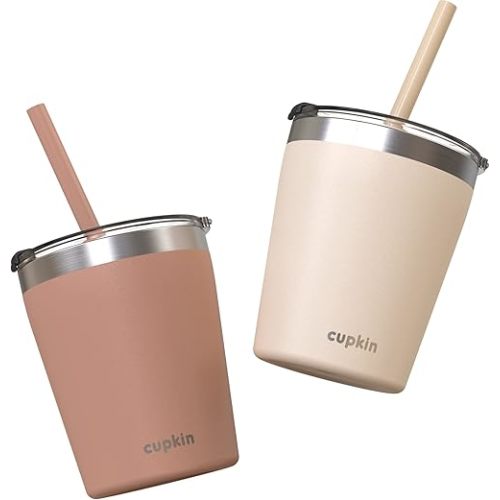 CUPKIN Toddler Straw Cup, The Original 8 oz Stackable Stainless Steel Toddler Cups, Set of 2 Powder Coated Insulated Kids Straw Cups + BPA Free Lids + Reusable Silicone Straws (Brown + Peach)