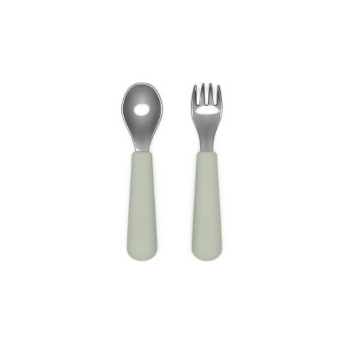 Lalo 2pc Stainless Steel Fork + Spoon Utensils Set - Sage: BPA-Free, Silicone, Solid Pattern