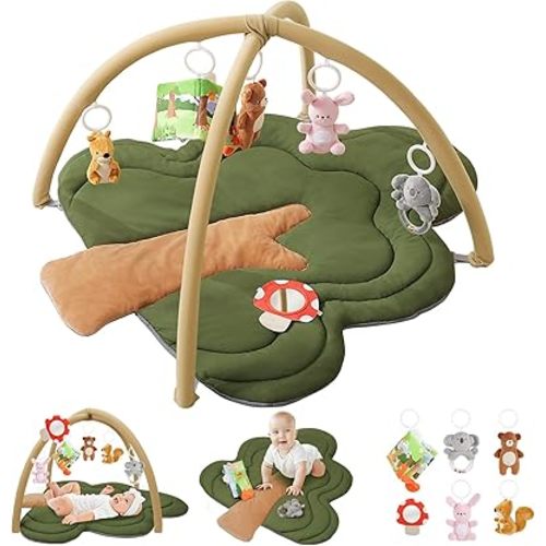 Baby Play Gym Mat, Tree-Shaped Tummy Time Mat with 6 Detachable Toys, Thick & Plush Play Mat for Babies 0-6 Months, Baby Activity Mat, Newborn Infant Baby Essentials Gift