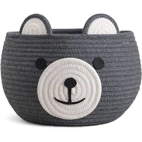 CherryNow Cute Bear Round Basket - Cotton Rope Baskets in Living Room Woven Baby Shower Basket Bedroom Storage Bakset for Children Corner Plant Basket Indoor, Grey, 10.5"D x 8.5"H
