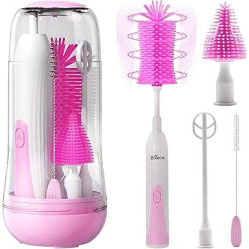 Electric Bottle Brush Cleaner, Portable Electric Baby Bottle Brush Cleaner for Travel, Rechargable Travel Bottle Cleaner Kit with Nipple & Straw Brush, Perfect Mom Essentials After Birth Gift, Pink