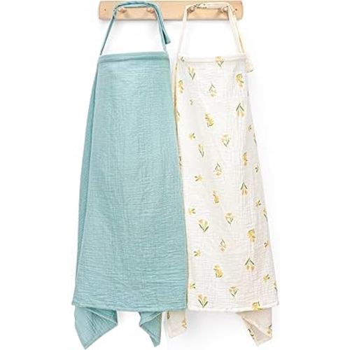 Muslin Nursing Cover for Breastfeeding, Privacy Breathable Breastfeeding Cover with Arch Neckline for Mom, 100% Cotton Nursing Apron, Floral and Light Green