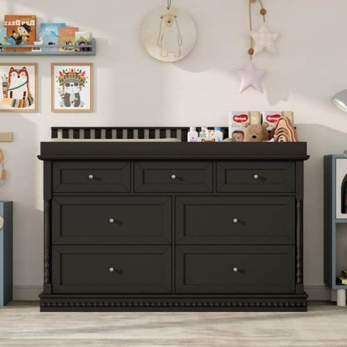 Black Baby Changing Table with 7 Drawers, Recessed Changing Top, Nursery Storage Dresser with Removable Guardrail