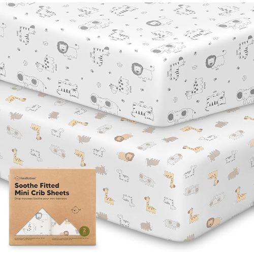 2-Pack Pack and Play Sheets Fitted - 38x26 White Mini Crib Sheets for Boys, Girls Pack N Play Mattress, Soft, Breathable Cotton Toddler Bedding, Neutral, Mini Baby Crib Mattress Cover (KeaSafari)
