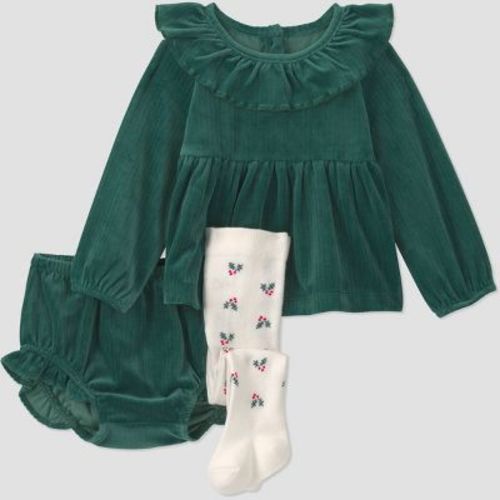 Carter's Just One You® Baby Girls' Holiday Velvet Ruffle Dress with Holly Tights - Green Newborn