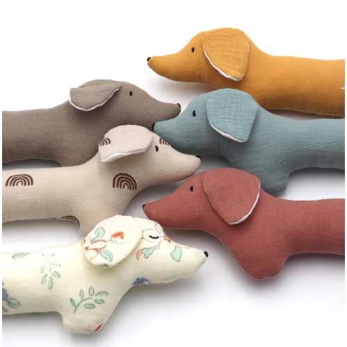 Handmade Dachshund Rattle – “Tilly” | Double Gauze Baby Toy | Newborn Gift | Soft Dog Rattle | Neutral Nursery Toy | Baby Shower Present