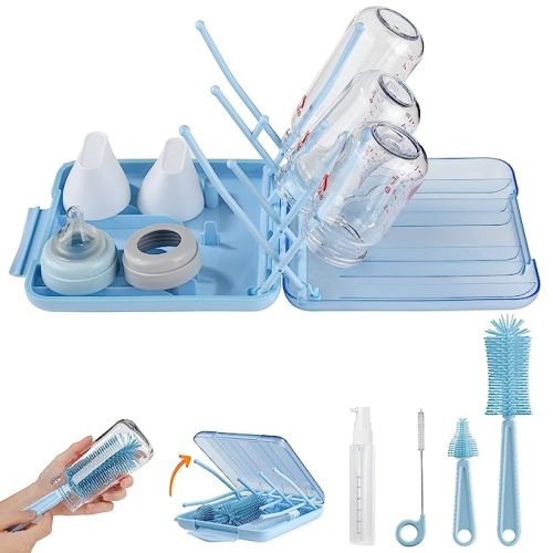 Bottle Brush Set -Baby Travel Essential-6 in 1 Bottle Cleaner Kit with Silicone Bottle Brush,Nipple Cleaner Brush,Straw Brush,Soap Dispenser,Storage Box,Bottle Drying Rack for Home and Travel(Blue)