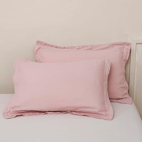 100% French Linen Pillow Shams Basic Style - Pack of 2 - Washed Solid Color Natural Flax Soft Breathable - Blush Pink, 20'' x 26''