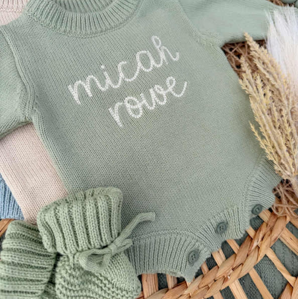 Personalized Baby Boy Outfit | Sweater Bubble Romper Beige Sage Navy B – Wonderfully Made