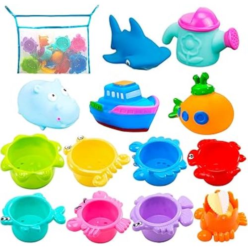 INNOCHEER Baby Bath Toys for Water Table, Toddler Water Toys with Mold Free Bath Toys Stacking Cups, Quick Dry Organizer Net, 13 Pcs Water Table Toys for Toddlers Bathtub Game, Beach and Pool Party