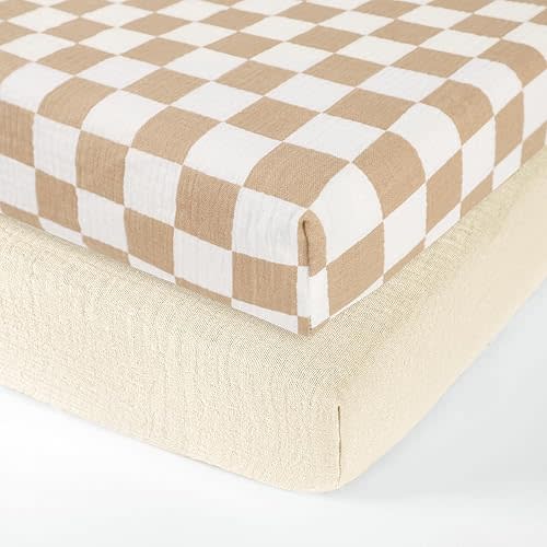 DILIMI Muslin Crib Sheets for Baby Boys and Girls, 2 Packs Ultra-Soft Breathable Baby Crib Sheet for Standard Crib and Toddler Mattress, Beige and Brown Checkered