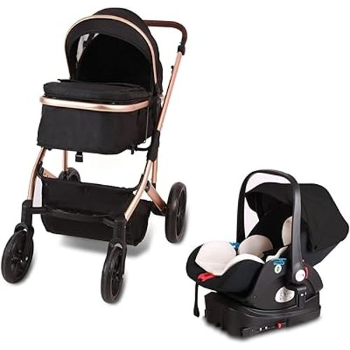 Travel System,Lightweight Baby Stroller,High Landscape Infant Pram,Aluminum Frame,with Multi-Angle Adjustment, from Birth 0 to 4 Years, 0-20 Kg(Color:Black)
