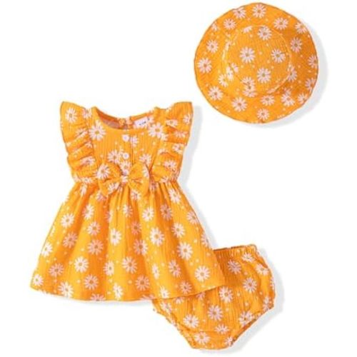 Vibebox Baby Girl Ruffle Sleeveless Bow Dresses Toddler Girl Princess Summer Dress Birthday with Hat and Underwear Outfits