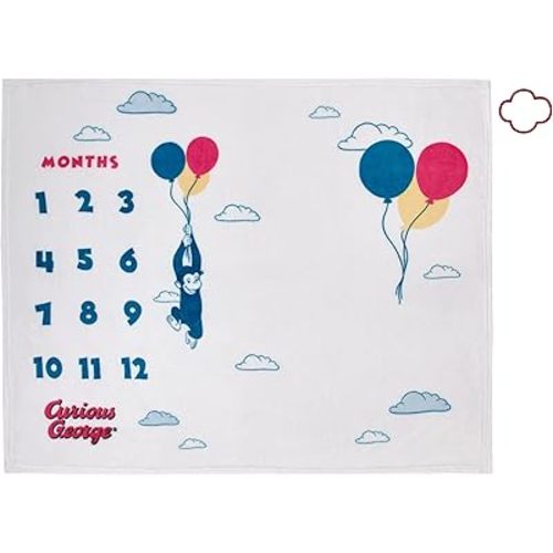 Welcome to The Universe Baby Curious George White, Blue, Red, and Yellow Balloons and Clouds Super Soft Milestone Baby Blanket