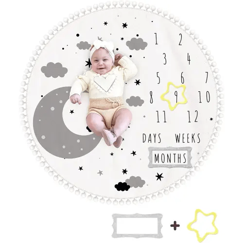 HAN-MM Baby Milestone Monthly Blanket with Double-Sided Milestone Cards and Circle Ring Play Mat Large(43.3" X43.3') Double Sided Pom Pom Ball Thick Flannel Round Rug for Boy Girl (Moon)