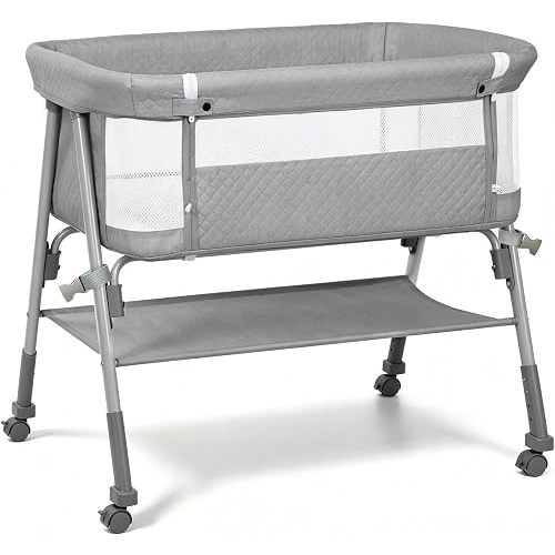 Baby Bassinet, 3-in-1 Baby Bassinets Bedside Sleeper for Newborn with Breathable Mesh, Portable Baby Crib with 4- Adjustable Height, Mattress, Storage Basket & Lockable Wheels, CPSC Grey