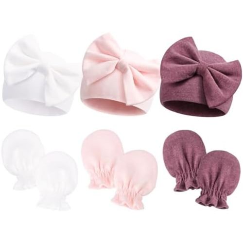 Newborn Hospital Hats Gloves Baby Infant Bow Beanie Cotton Caps No Scratch Hat Mittens Set for 0-6 Months