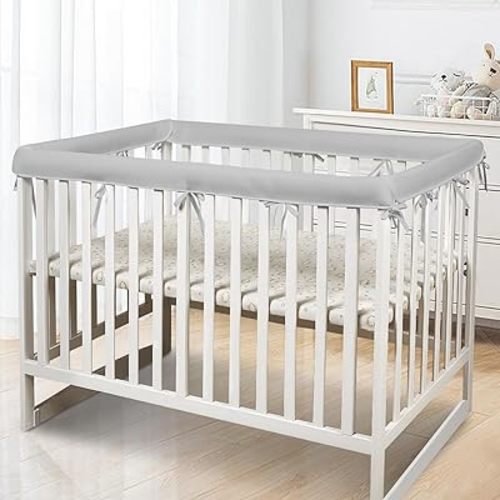3 in 1 Breathable Crib Rail Covers for Life Size Cribs,White Soft Anti-Collision Strip Corner Covers,Protect Baby Teeth and Save Crib Rails, Rail Edge Protector Strip (Gray-4pc)