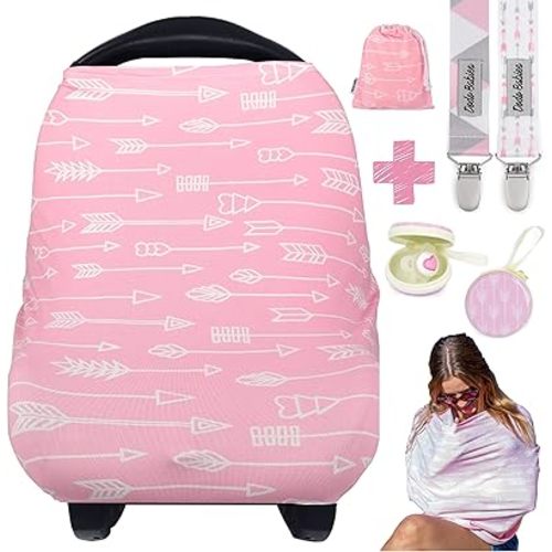 Dodo Babies Nursing Cover Set – Soft, Multipurpose Stretch Scarf for Breastfeeding and Car Seat Cover, Two Universal Pacifier Holders, Binky Case, Storage Bag – Playful Pink Print for Baby Girl