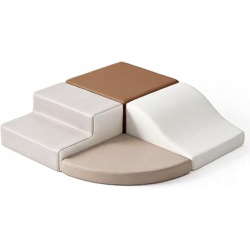 TODIBY 4-Pieces Climbing Toys for Toddlers: PU Leather - Soft Play Climbing for Toddlers - Foam Climbing Blocks for Crawling and Sliding Indoor Playground for Kids（Beige Coffee）