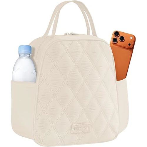 Lunch Bag for Women Insulated,Soft Lunch Cooler with Side Pockets Reusable,Leakproof Lunch Box for Work Picnic Beach Camping,Beige