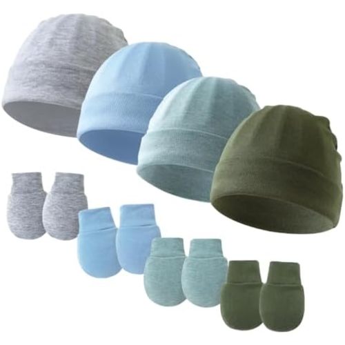 Newborn Baby Girls Hats Mittens Set Infant Bow Hats Baby Cotton Gloves No Scratch Mittens for 0-6 Months