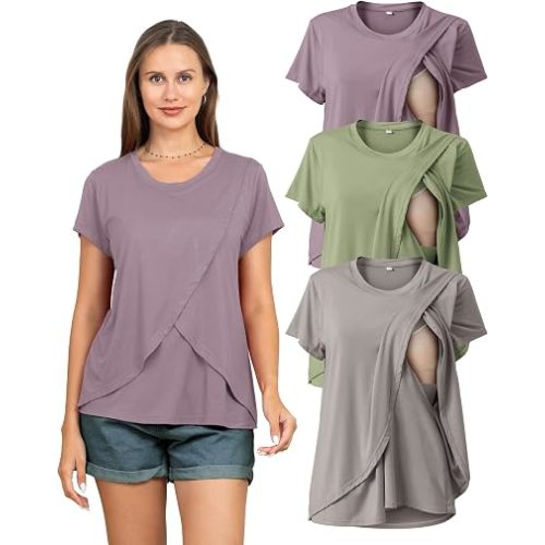 3 Pack Women's Nursing Tops for Breastfeeding Summer Short Sleeve T Shirts Postpartum Double Layer Clothes