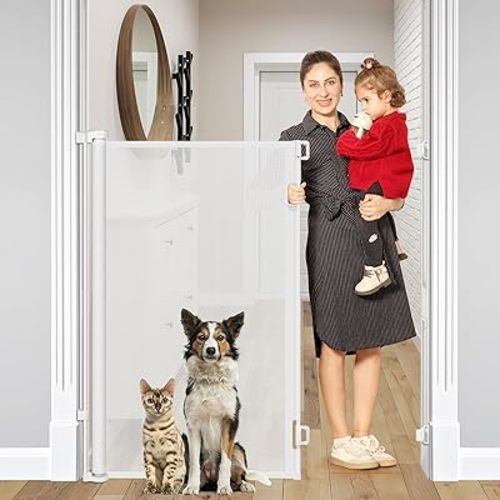 48 Inch Extra Tall Retractable Baby Gates, Extends to 55" Wide, Extra Tall Dog Gate for Doorways Indoor Tall Mesh Gate Extra Tall Pet Gate for Cats - Upgraded Height to Prevent Jumping Over, White