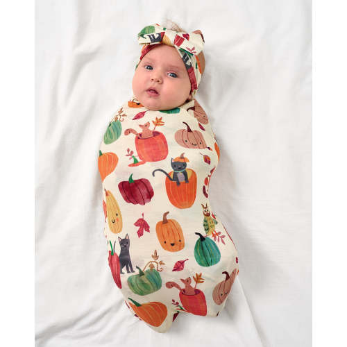 Pumpkin Pals Swaddle & Luxe Bow Headband Set | Little Sleepies