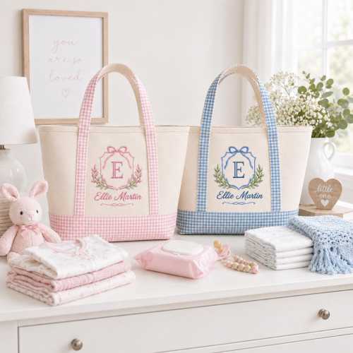 Personalized Baby Tote Bag, Custom Embroidered Monogram Canvas Bag, Pink or Blue Gingham Diaper Bag, Baby Shower Gift